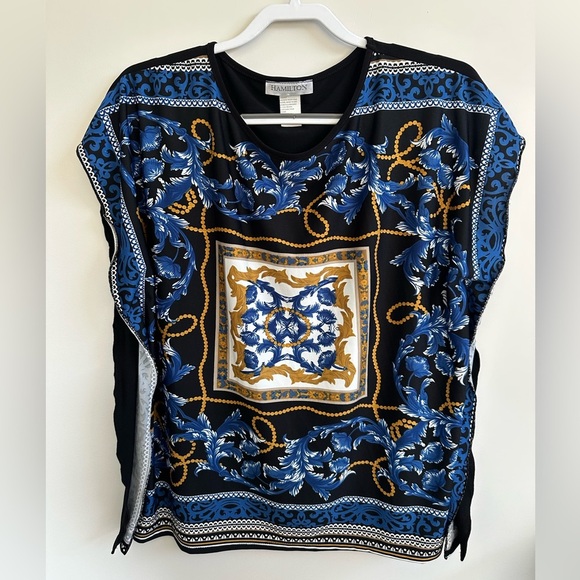 ❤️ Hamilton Women's Ornate Blue and Gold Blouse Large NWOT - Picture 1 of 4